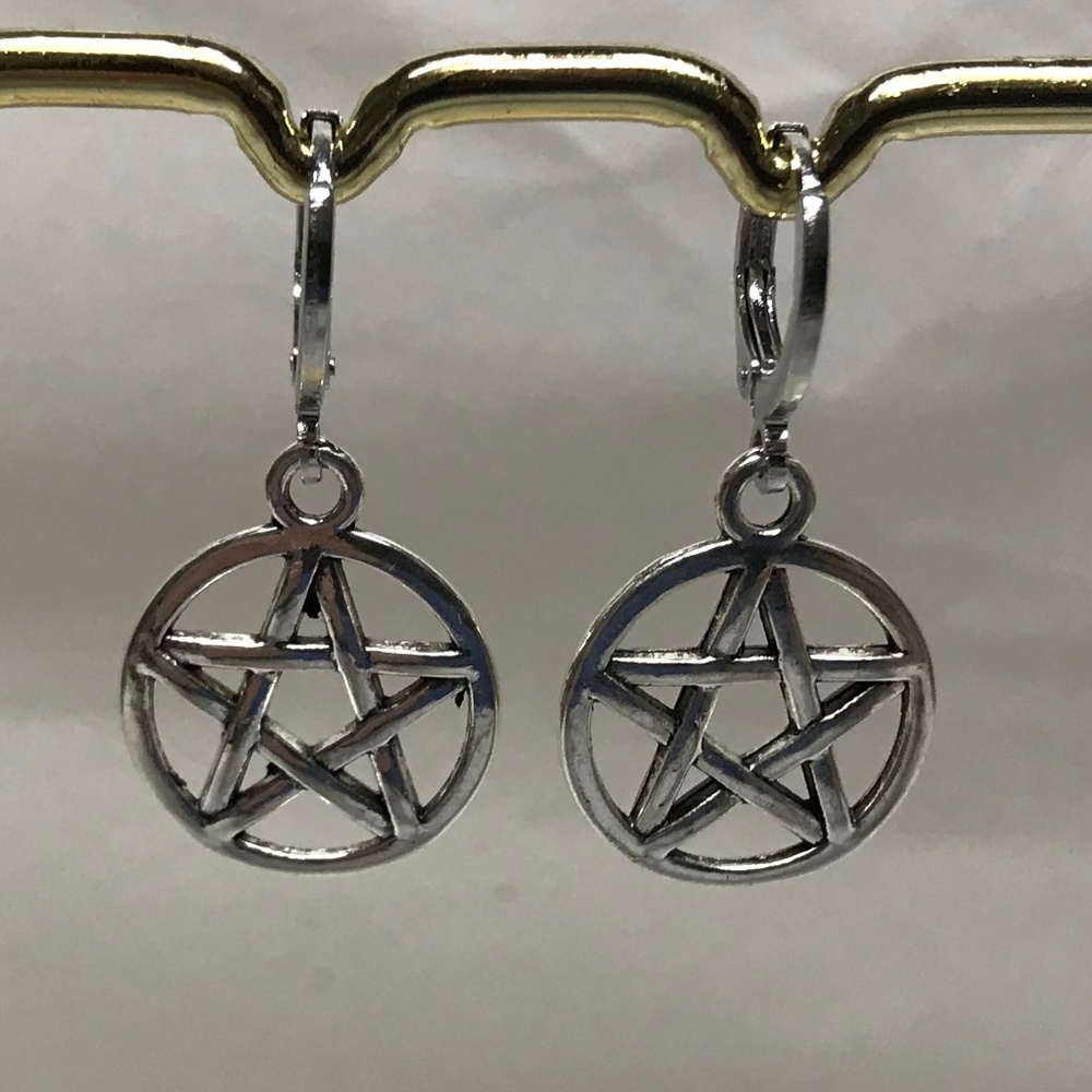 Gothic Pagan Silver Pentagram Pentacle Handmade Hoop Earrings, Encircled Stars - Picture 2 of 12